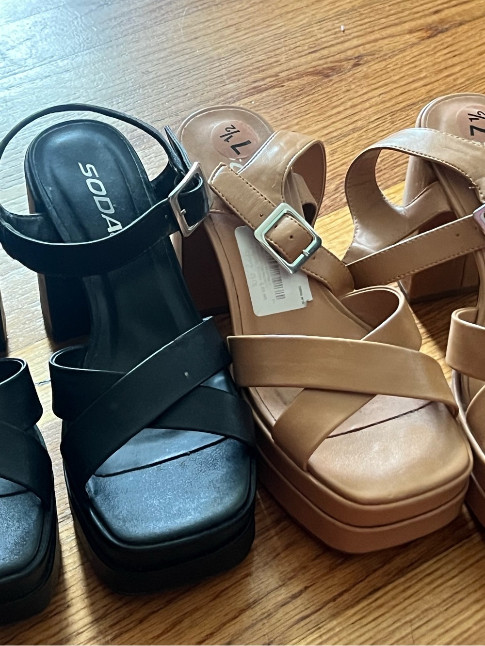 Soda Black and Tan Platform Sandals - Cross Strap Block Heel